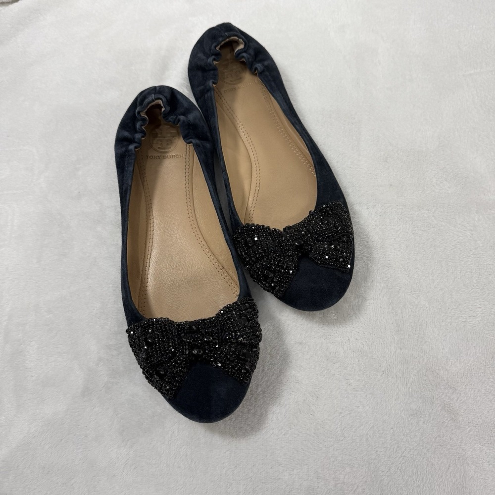 TORY BURCH Navy Suede Black Beaded Bow Bonneville Ballet Flat Size: 6.5